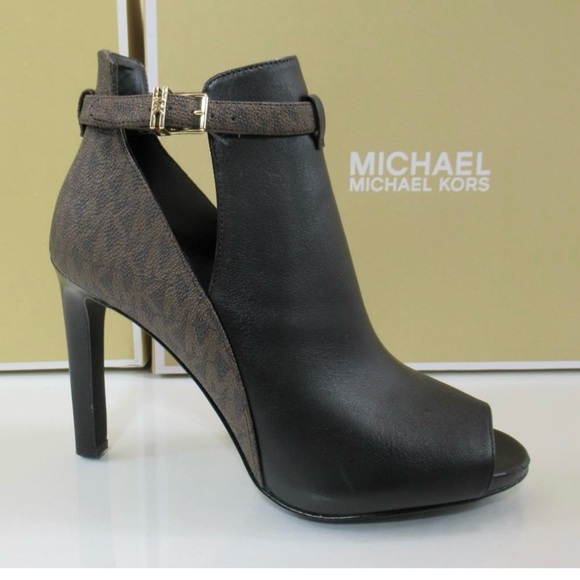 Michael Kors Shoes - Michael Kors Lawson leather front open toe Black and Brown Peep-Toe Heeled Boots